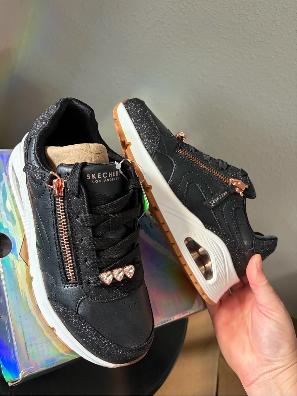 Skechers UNO gen 1 Black Sneakers with Rose Gold Zippers and Jewel Accents
